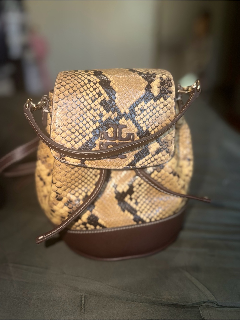 Tory Burch Snake-Print Mini Backpack in Tan and Brown